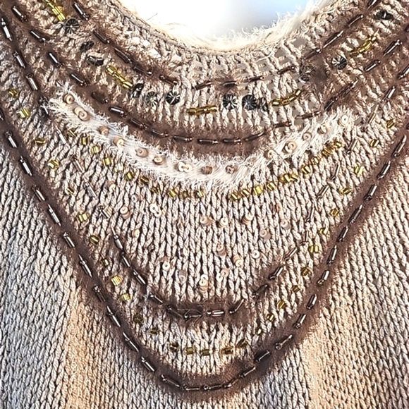 Free People Tan Knit Sequined Beaded Embellished Lace Up Ruffle Back Tunic Tank - Picture 5 of 16